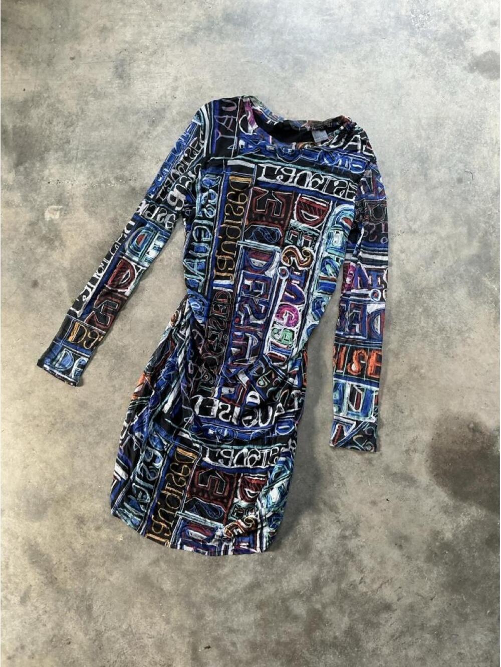 Desigual Graffiti Print Bodycon Mini Dress | Y2K Mesh Art Print Dress